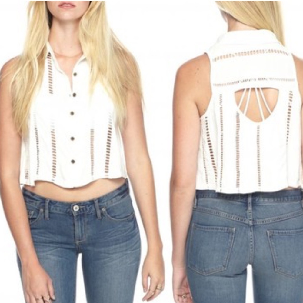 Free People White Lace Buttoned Top